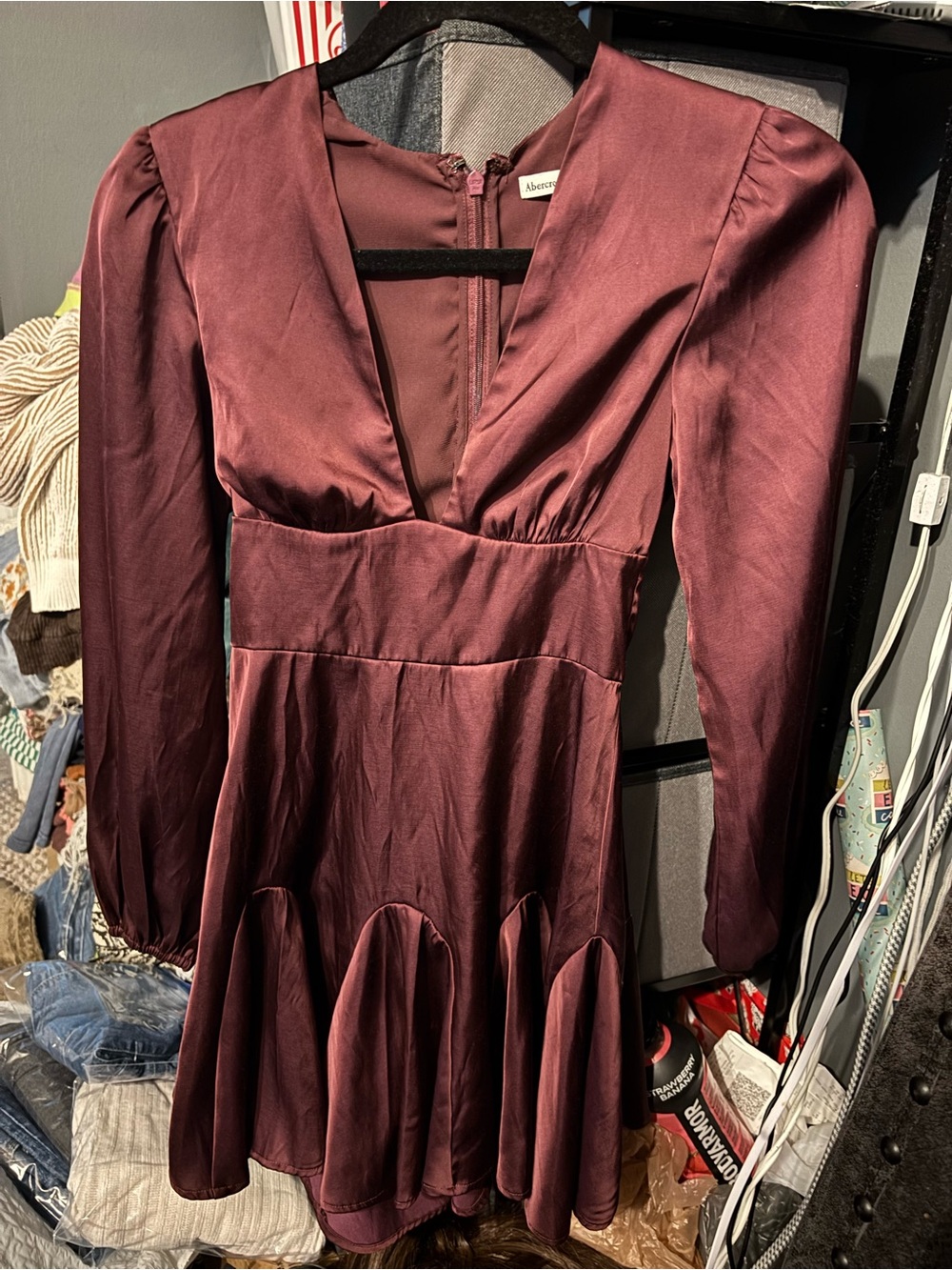 Abercrombie & Fitch Plum Satin Long-Sleeve Mini Dress